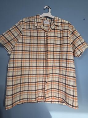 Topman Orange & Cream Short-Sleeve Plaid Button-Down XL